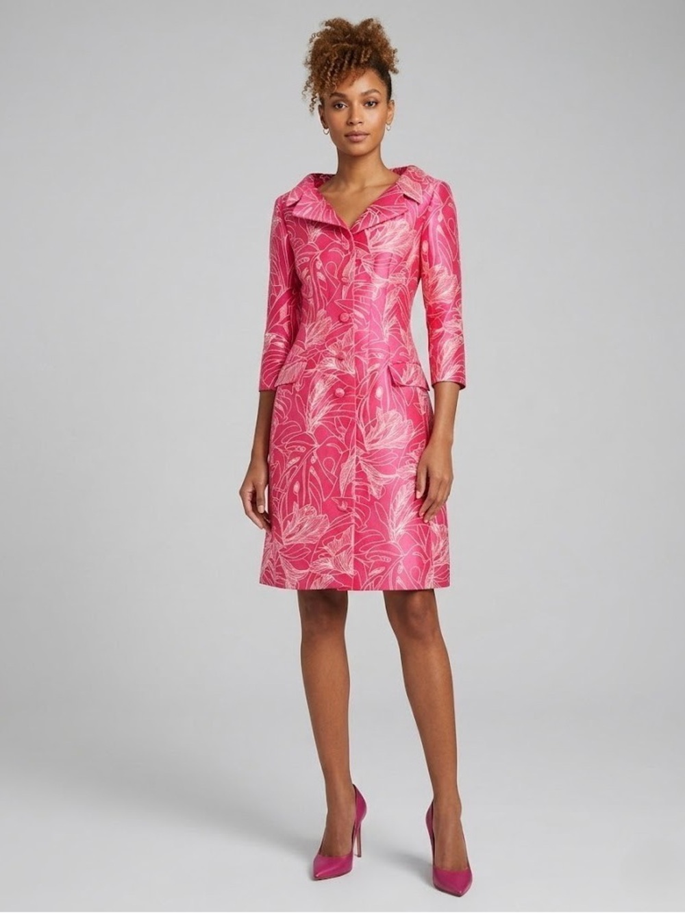 Rickie Freeman Teri Jon Pink Metallic Floral Jacquard Coat Dress US 4